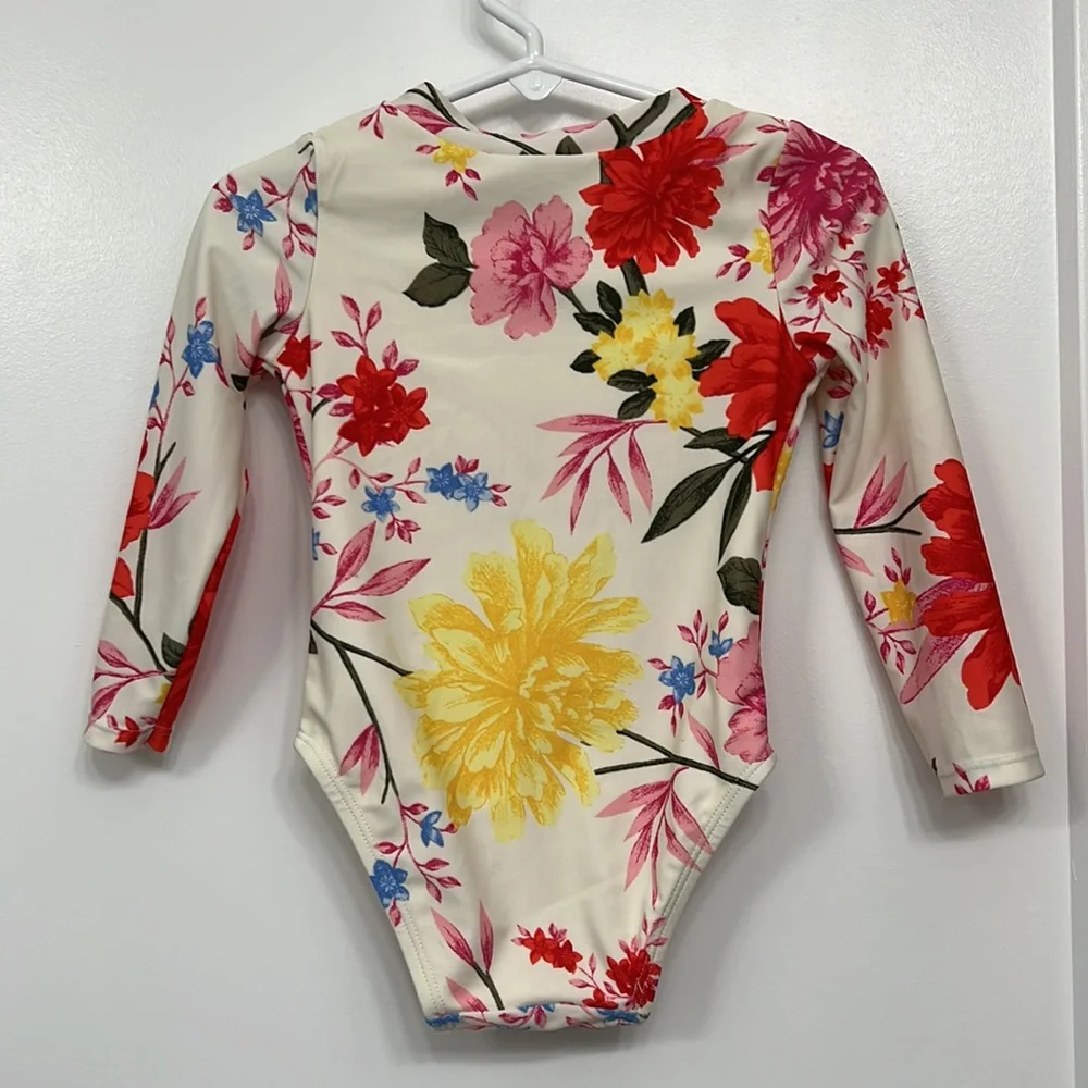 Old Navy Cream Floral Long-Sleeve Kids Rashguard with Red, Yellow & Pink Flowers